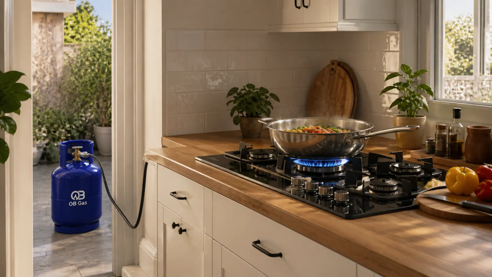 Family kitchen with a gas burner running on an OB Gas cylinder
