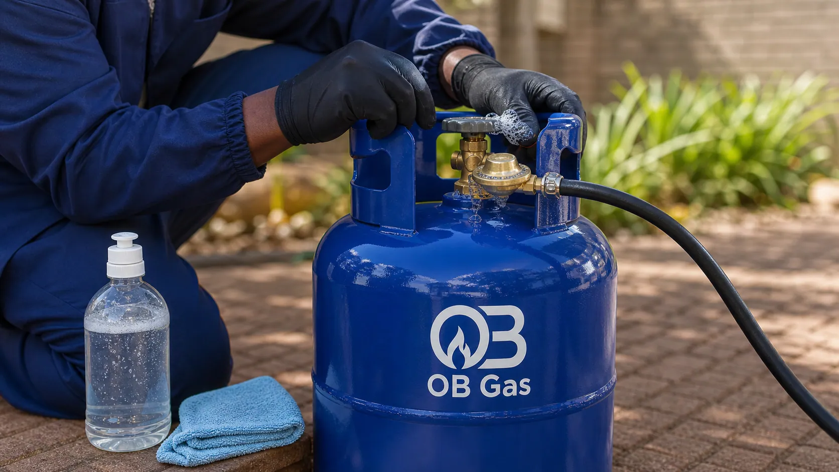 OB Gas technician performing a soapy-water leak test on a cylinder valve