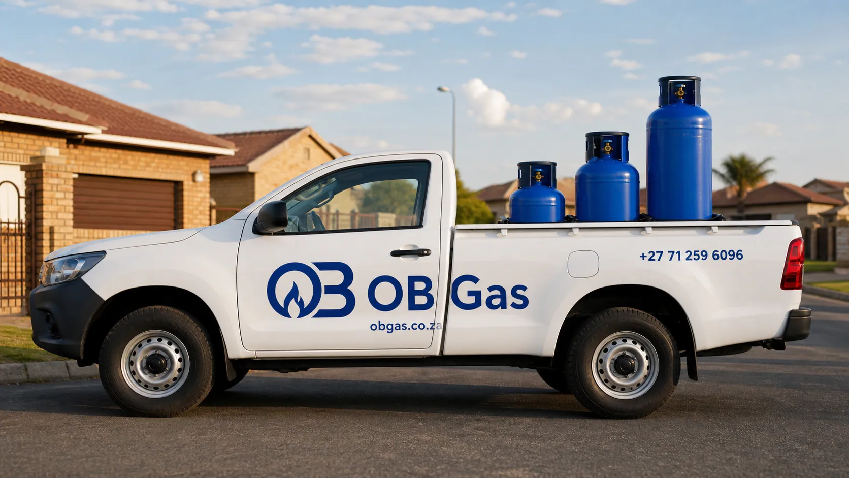 Branded OB Gas delivery bakkie loaded with cylinders