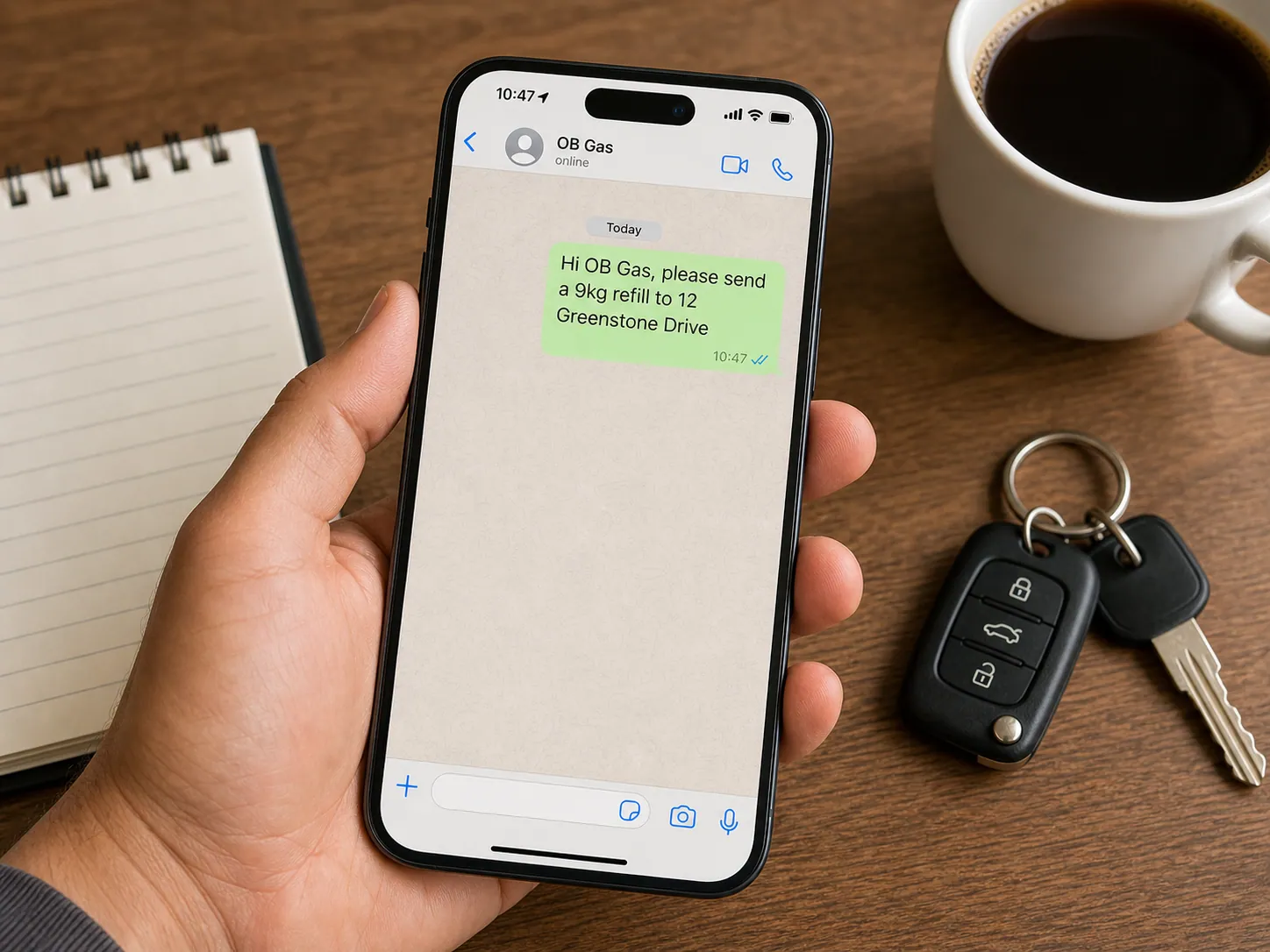 A customer placing a 9kg gas order on WhatsApp from their phone